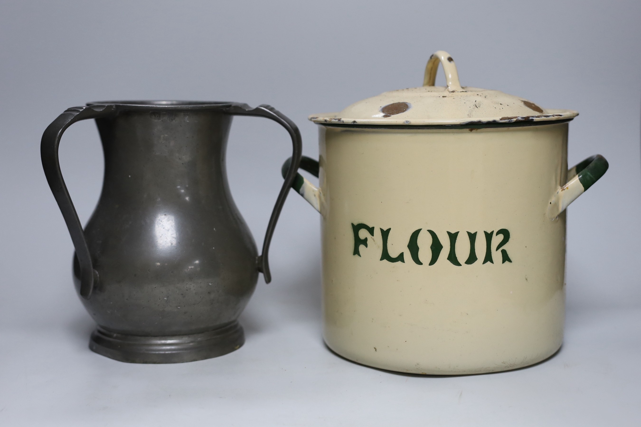 A pewter tyg and two other items, tyg 20cms high